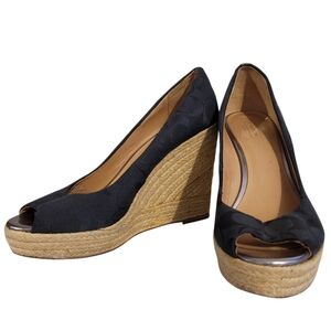 Coach Milan Peep Toe Black Monogram Espadrilles Wedge Sandals Heels Wmn 8.5
